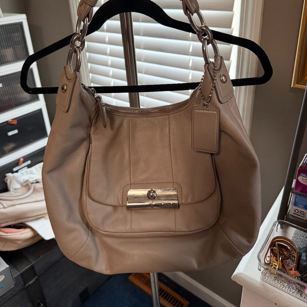 Coach Kristen Taupe Grey Leather Hobo Bag